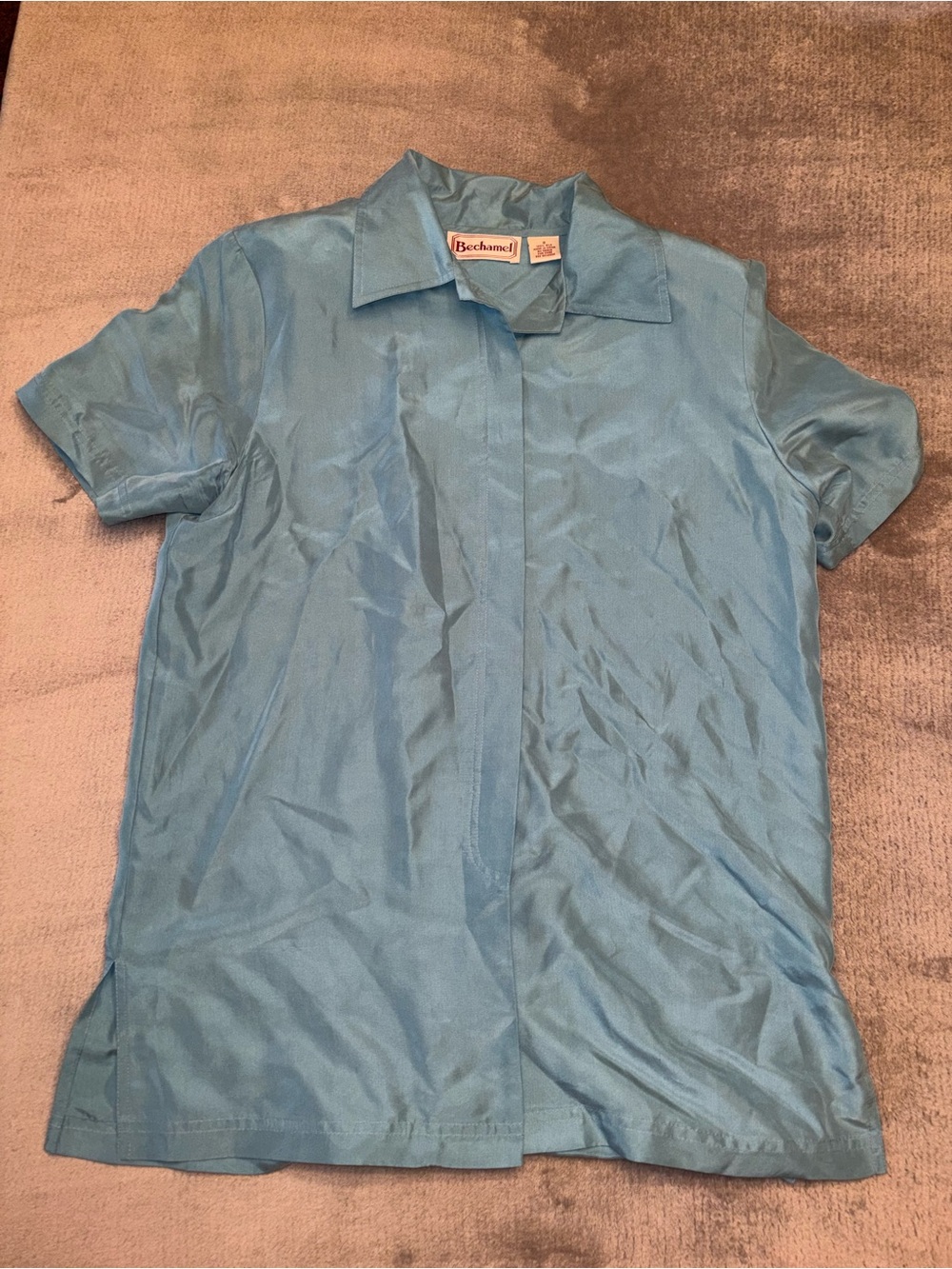 Vintage early 90s Bechamel Light Blue Short-Sleeve Button-Down Shirt 100% Silk